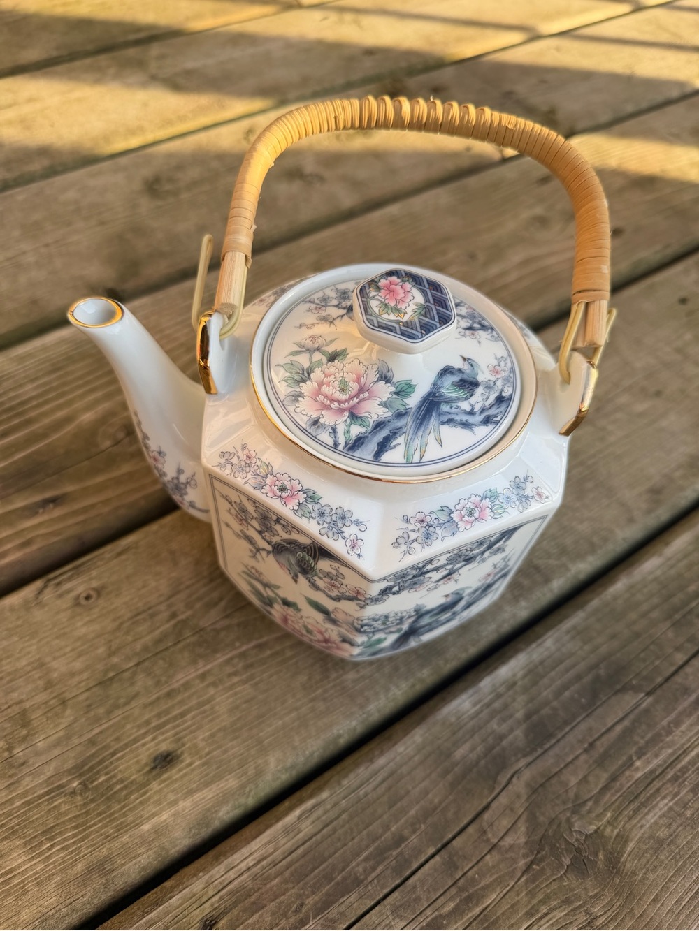Vintage Japanese Porcelain Teapot Rattan Handle Bird Floral Peony Japan